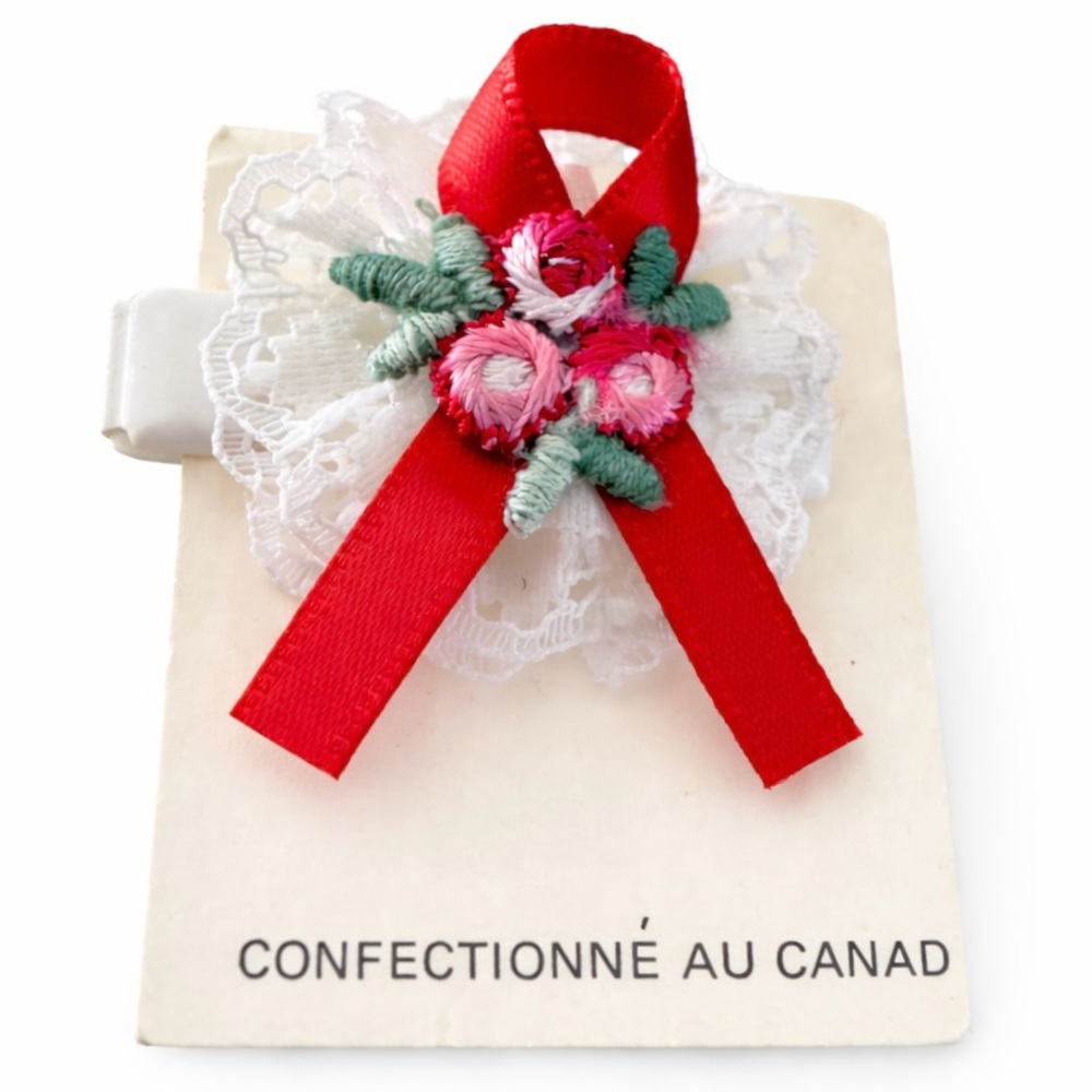 🌹 Vintage Red Ribbon Lace Floral Hair Clip Made in Canada Handmade Rosette Bow